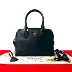 PRADA Logo Leather Shoulder Handbag Boston Navy Blue
